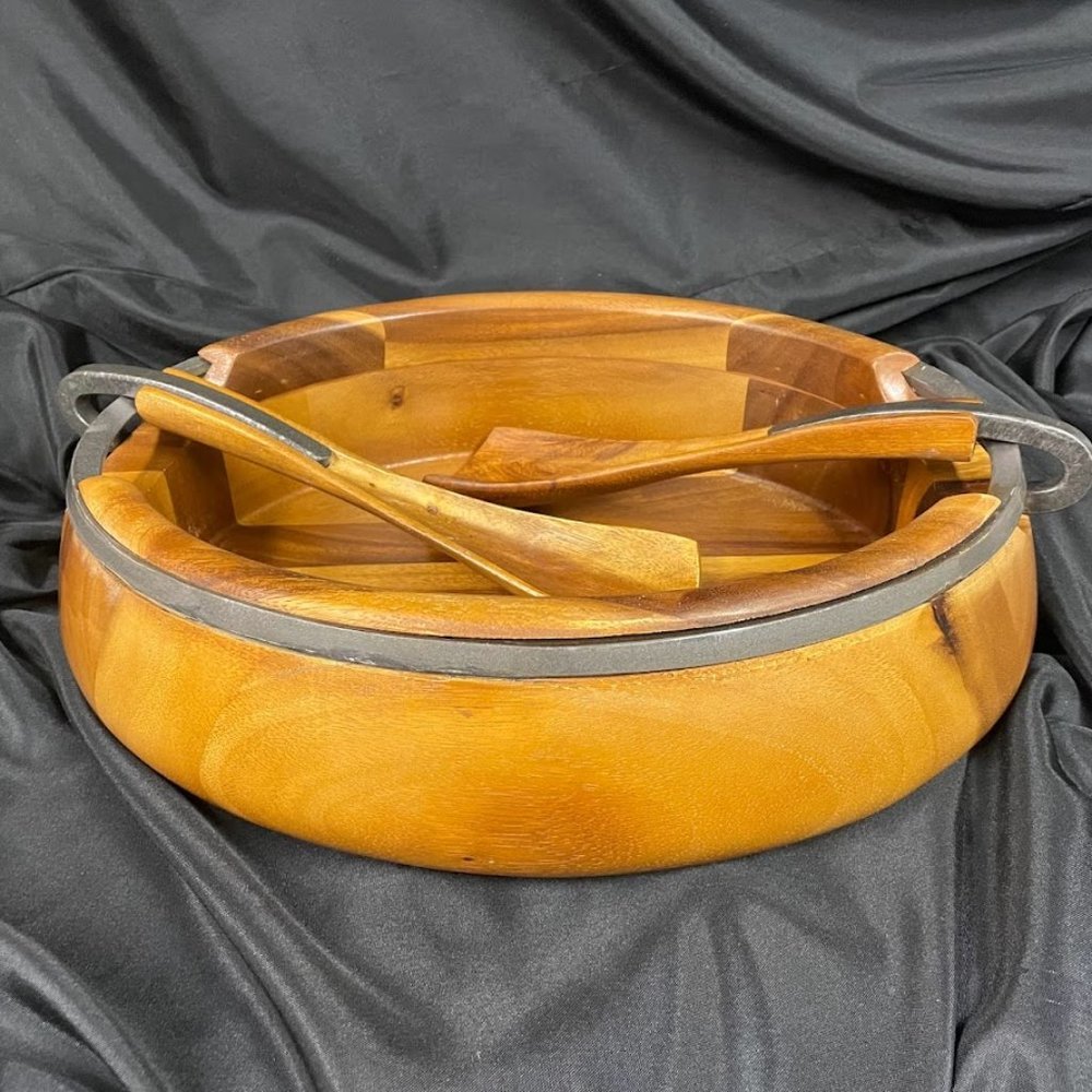 Nambe Salad Set Acacia Wood and Iron Finished Metal Set with 14" Servers Brown - Picture 2 of 9